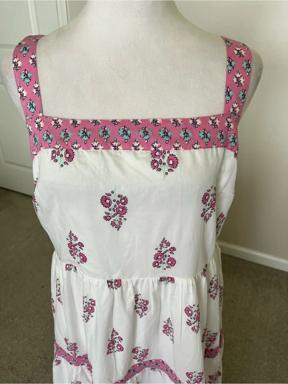 NWT J. Crew White Midi Dress with Pink Floral Trim Size 12